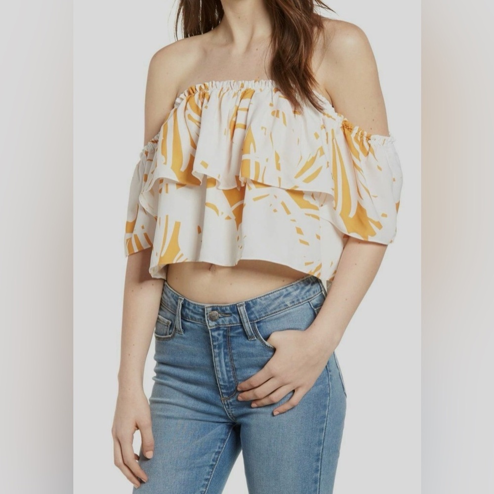 Bishop + Young Riviera Off Shoulder Crop Top White Print M